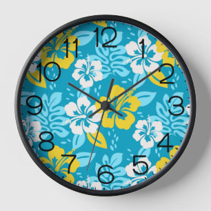 Blue Hawaiian Hibiscus Floral Pattern Clock