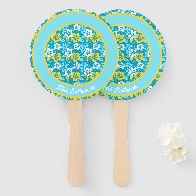 Blue Hawaiian Hibiscus Floral Pattern Hand Fan (Front and Back)