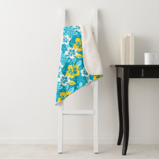 Blue Hawaiian Hibiscus Floral Pattern Sherpa Blanket