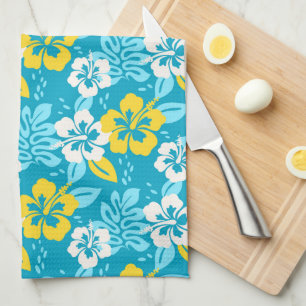 Blue Hawaiian Hibiscus Floral Pattern Tea Towel