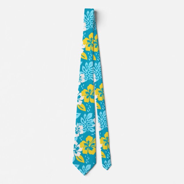 Blue Hawaiian Hibiscus Floral Pattern Tie (Front)