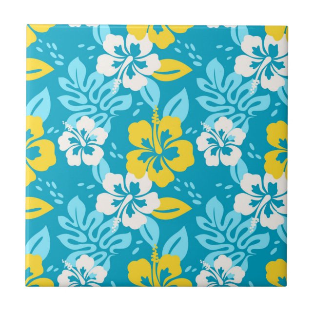 Blue Hawaiian Hibiscus Floral Pattern Tile (Front)