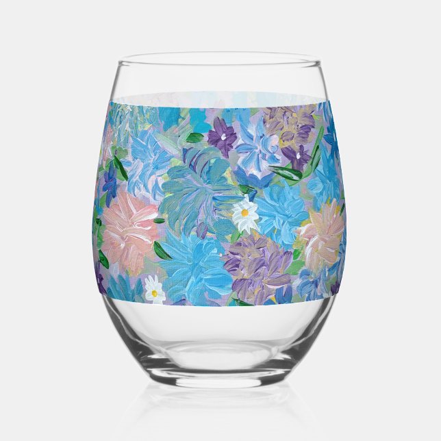 Blue Haze Floral  Stemless Wine Glass (Front)