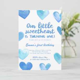 Blue Heart 1st Birthday Invitation Boy Sweetheart