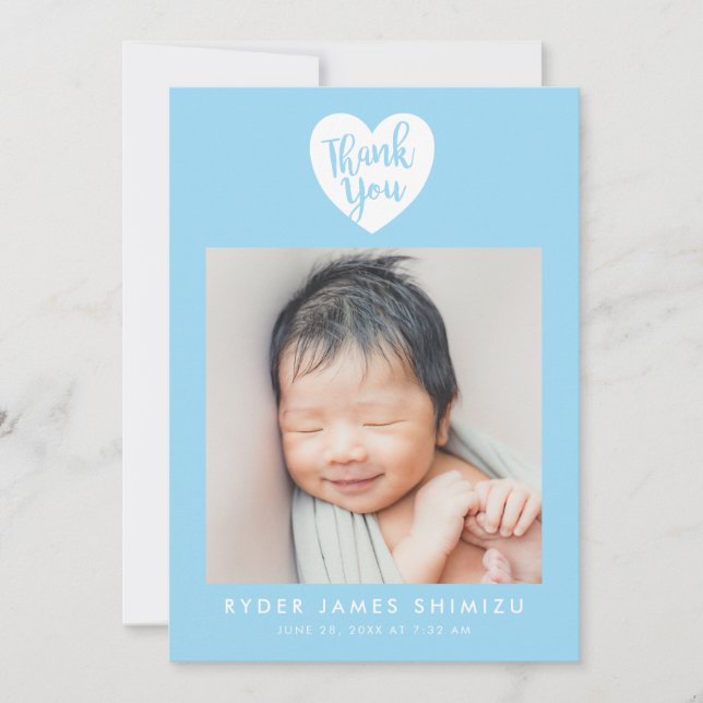 Blue Heart Baby Boy Thank You Birth Announcement (Front)