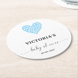 Blue Heart Baby Shower Party  Round Paper Coaster