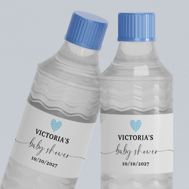 Blue Heart Baby Shower Party  Water Bottle Label (Creator Uploaded)