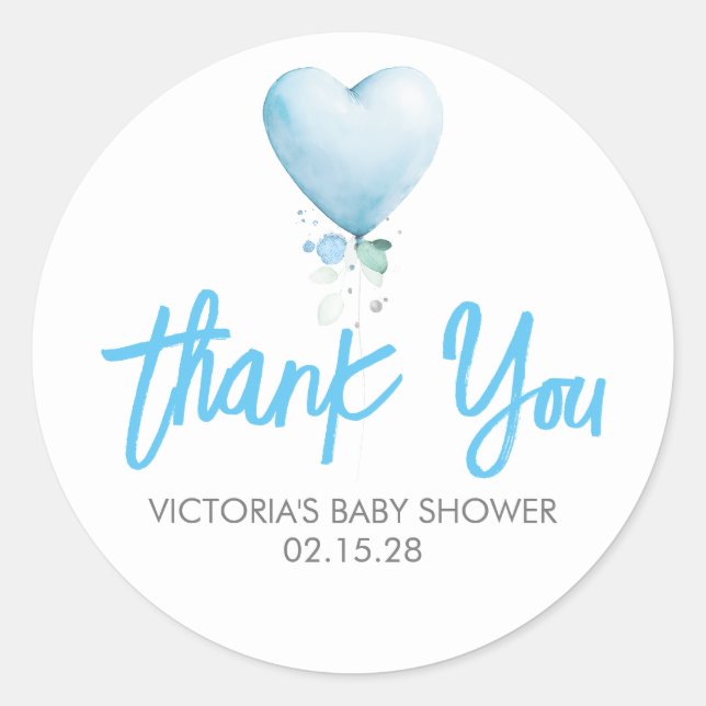 Blue Heart Balloon Baby Shower Thank You Classic Round Sticker (Front)