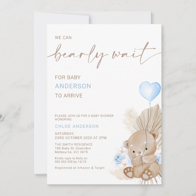 Blue Heart Balloon Floral Bearly Wait Baby Shower Invitation (Front)