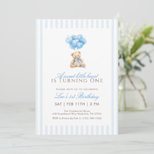 Blue Heart Balloon Teddy Bear 1st Birthday Invitation