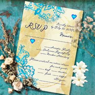 Blue Heart Baroque Gold Lace Mexican Wedding RSVP Card