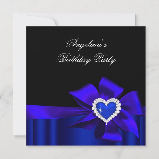 Blue Heart Black Birthday Party Bow Image Invitation (Front)