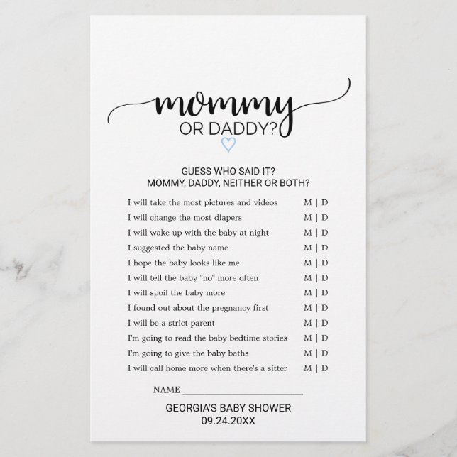 Blue Heart | Black Calligraphy Mummy or Daddy Game (Front)