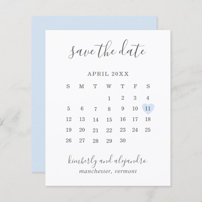 Blue Heart Calender Budget Wedding Save the Date (Front/Back)