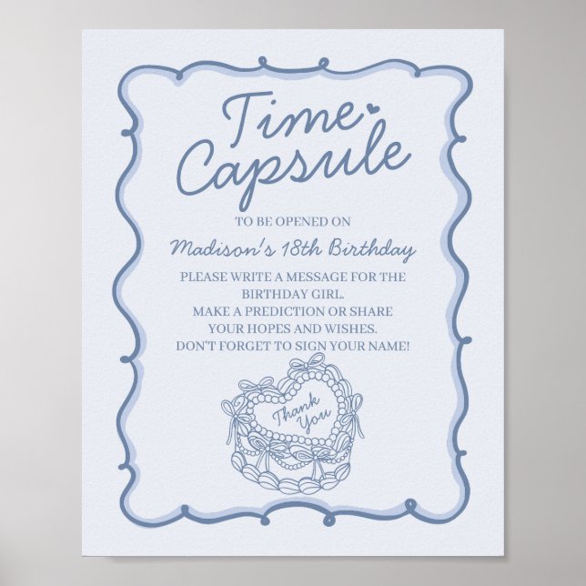 Blue Heart Coquette Cake Birthday Time Capsule Poster (Front)