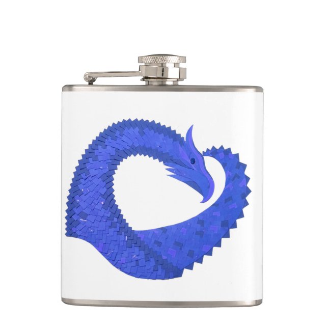 Blue heart dragon on white hip flask (Front)
