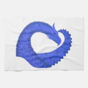 Blue heart dragon on white tea towel