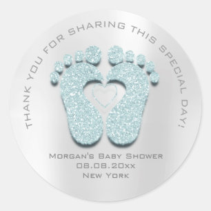 Blue Heart Feet Baby Shower Favour Gift Thank Aqua Classic Round Sticker