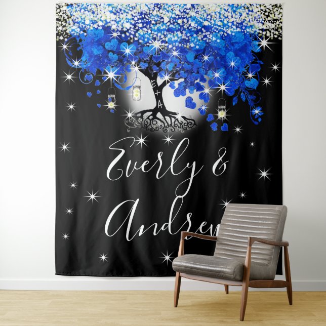 Blue Heart Leaf Tree Boho Wedding Tapestry (In Situ)