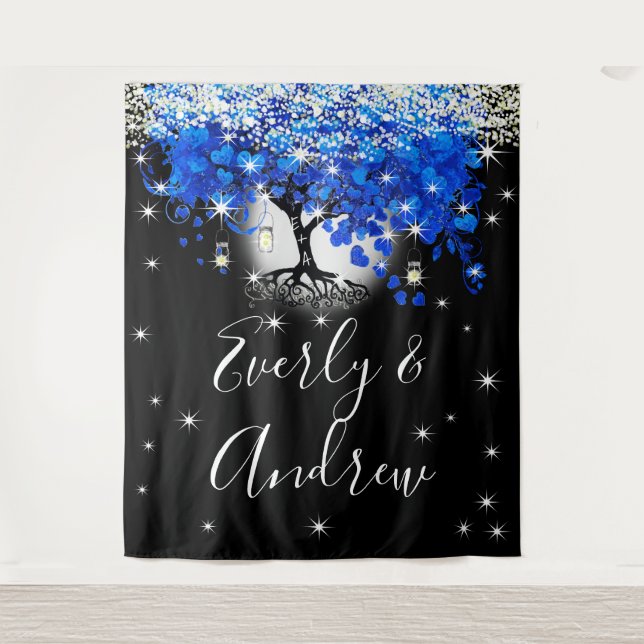 Blue Heart Leaf Tree Boho Wedding Tapestry (Front)