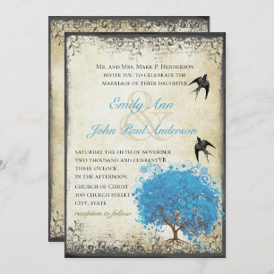 Blue Heart Leaf Tree Vintage Bird Pearl Parchment Invitation