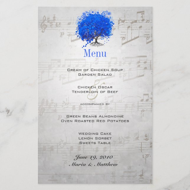 Blue Heart Leaf Tree Wedding Menu (Front)