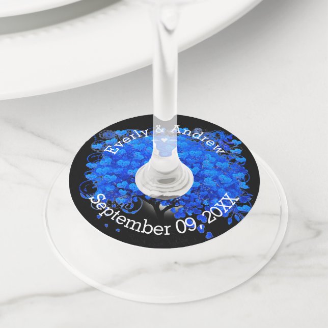 Blue Heart Leaf Tree Wedding Wine Glass Tag (Close Up)