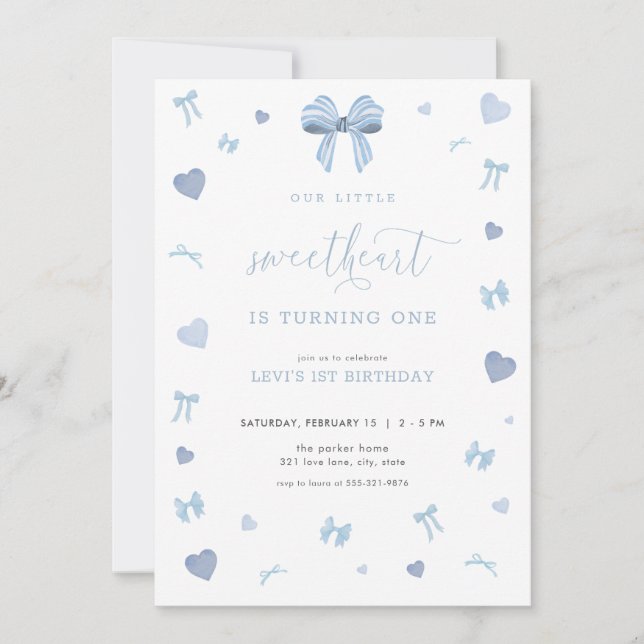 Blue Heart Little Sweetheart Birthday Invitation (Front)