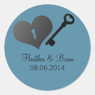 Blue Heart Lock and Key Wedding Stickers