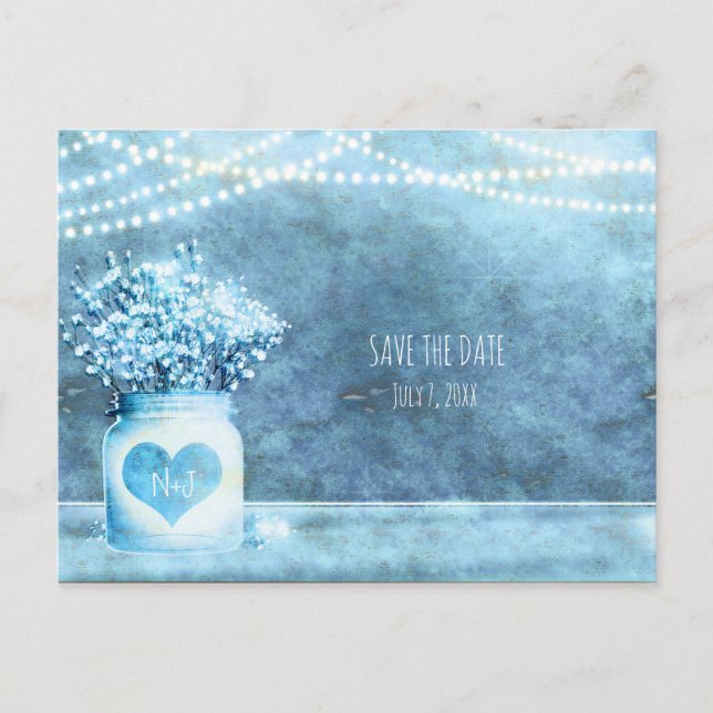 Blue Heart Mason Jar & Baby's Breath Save The Date Announcement Postcard (Front)