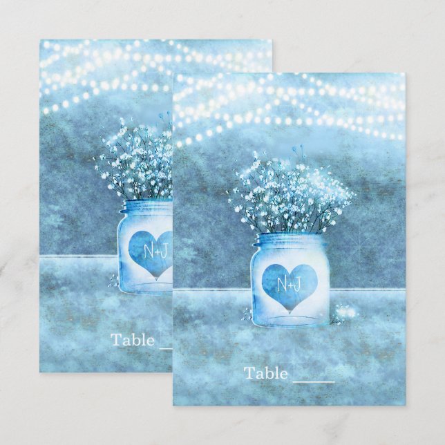 Blue Heart Mason Jar & Baby's Breath Table Number (Front/Back)