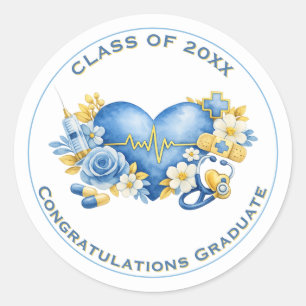 Blue Heart Medical Graduation Emblem Classic Round Sticker