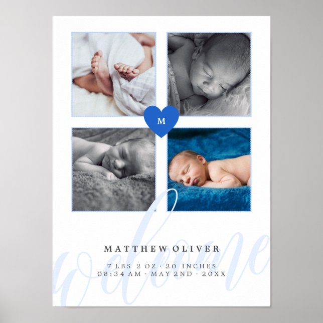 Blue Heart Monogram Baby Photo Collage Poster (Front)
