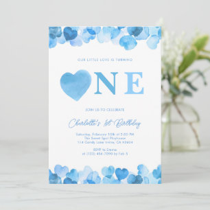 Blue Heart One First Birthday Valentines Invitation