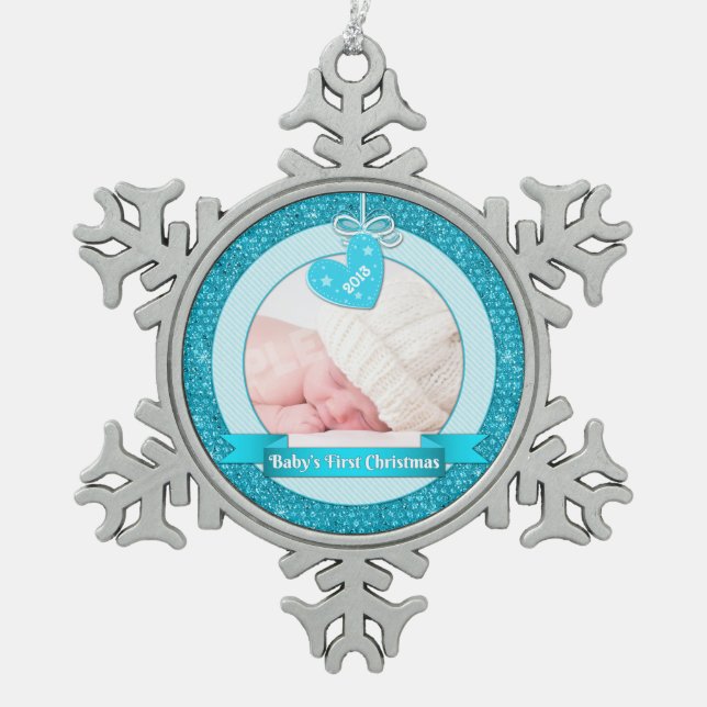 Blue Heart Photo Baby's First Christmas (Xmas) Snowflake Pewter Christmas Ornament (Front)