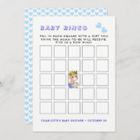 Blue Heart Prince Baby Boy Shower Party Bingo Game