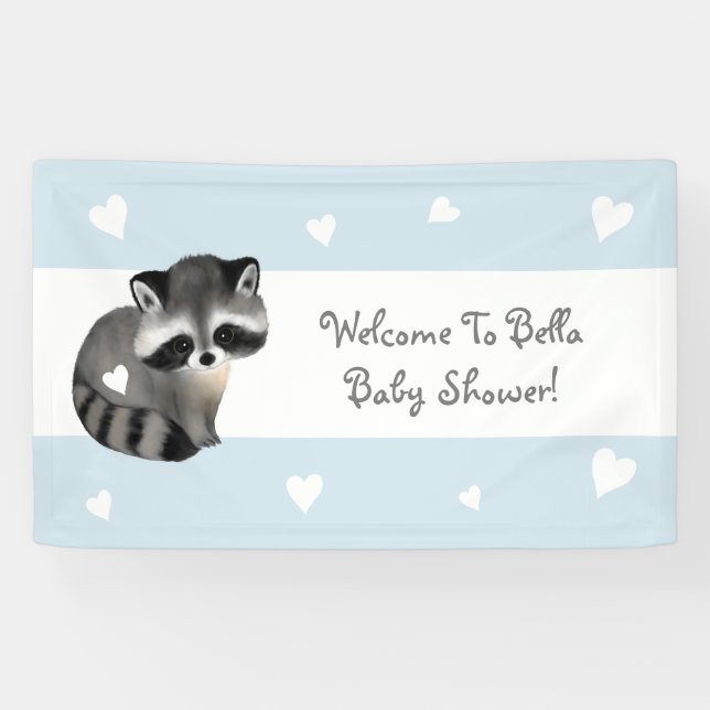 Blue Heart Racoon Baby Shower Banner (Horizontal)