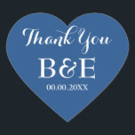 Blue heart shaped wedding favour thank you sticker<br><div class="desc">Blue heart shaped wedding favour thank you stickers. Navy blue and white or custom background colour. Elegant script typography. Use as romantic envelope seals / sealers or as monogrammed wedding favour label for thanking guests. Cute love symbol shape with stylish text. Also handy for other occasions like engagement party, anniversary...</div>