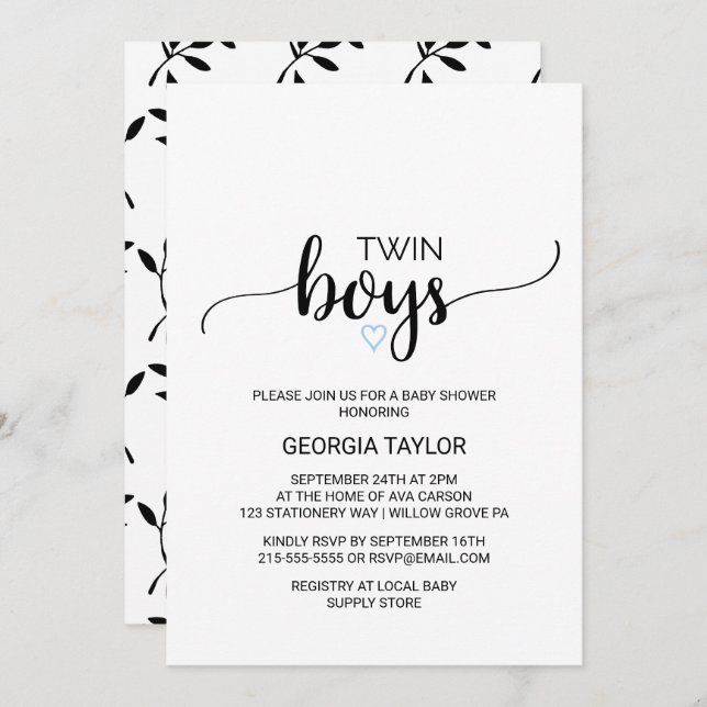 Blue Heart | Simple Black Calligraphy Twin Boys Invitation (Front/Back)