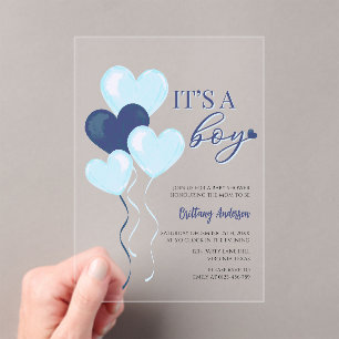 Blue Heart Valentines It's a Boy Baby Shower Acrylic Invitations