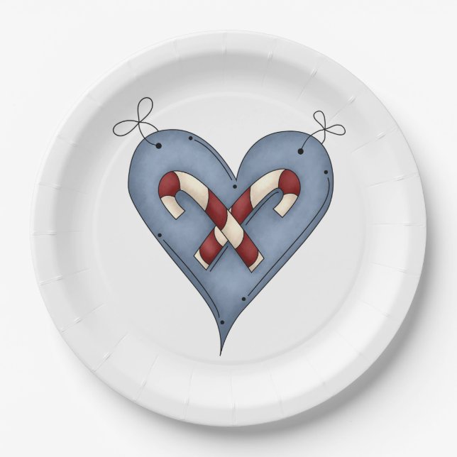 Blue Heart with Candy Canes Country Christmas Paper Plate (Front)