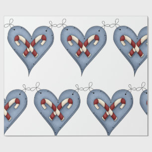 Blue Heart with Candy Canes Country Christmas Wrapping Paper