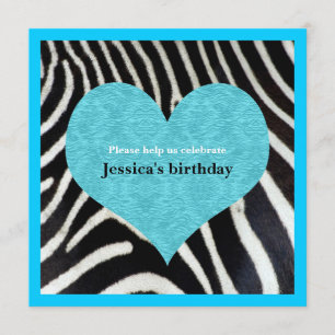Blue Heart with Zebra Print Party Invitation