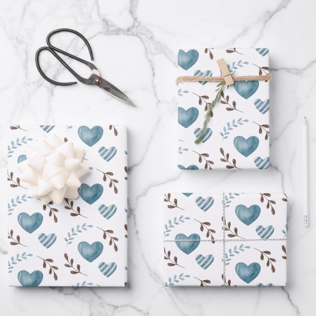 Blue Heart Wrapping Paper Flat Sheet Set of 3 (Front)