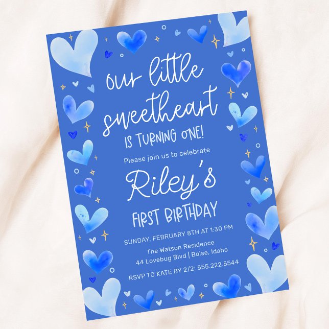 Blue Hearts 1st Birthday Our Little Sweetheart Invitation (Creator Uploaded)