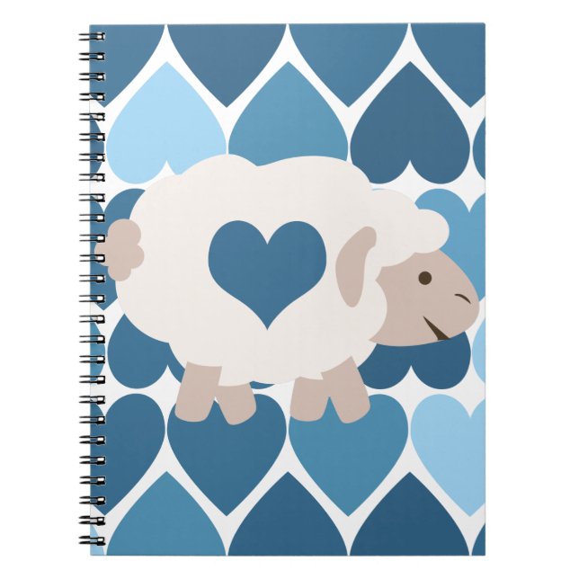 Blue Hearts and Cute Lamb Spiral Notebook (Front)