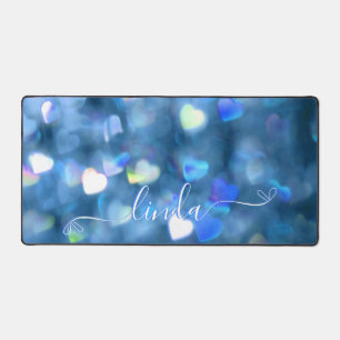 Blue Hearts Glitter Desk Mat