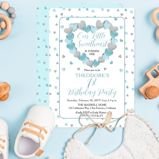 Blue Hearts Little Sweetheart 1st Birthday Party Invitation (Creator Uploaded)