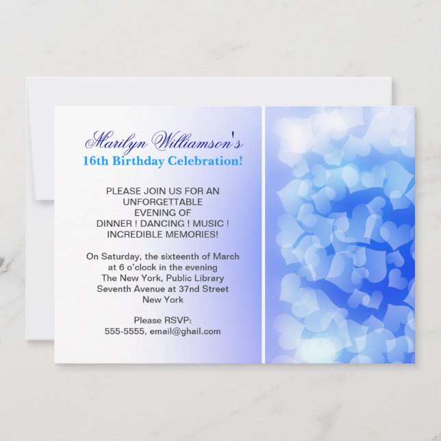blue hearts modern sweet 16 birthday invitations (Front)