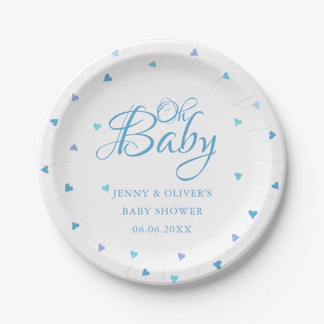 Blue Hearts Oh Baby Couples Baby Boy Shower Paper Plate (Front)